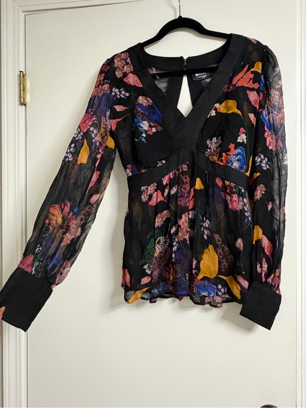 Maeve Black Sheer Floral V-Neck Long Sleeve Blouse